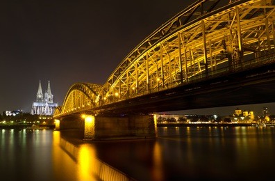 cologne cathedral and hohenzollern bridge at night, cologne, germany