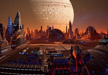 futuristic cityscape on an alien planet, fantasy scene with buildings and a moon in the background