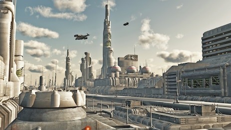 futuristic sci-fi city street view, 3d digitally rendered illustration