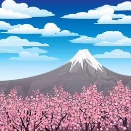 landscape with volcano and pink japanese trees on a cloudy sky