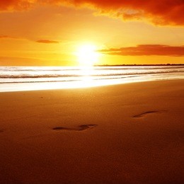 footprints on the beach at sunset.