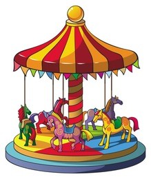 children carousel with colorful horses, merry go round, vector illustration