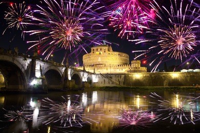 celebratory fireworks over castel sant' angelo. italy. rome.