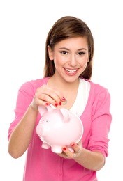 young woman with piggy bank