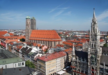 munich, germany - town hall and frauenkirche (church of our blessed lady) from peter's church