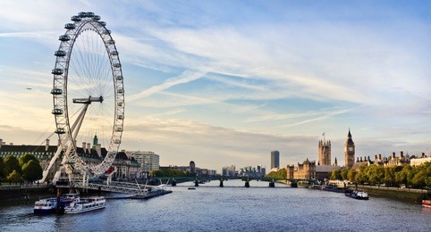 london morning. london eye, county hall, westminster bridge, big ben and houses of parliament.