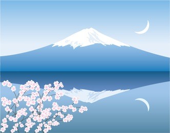 vector mount fuji, moon and cherry blossom. mountain fuji in japan.