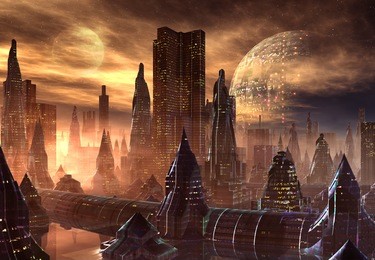 alien city, fantasy city skyline on an alien planet