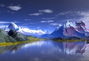 digital nature, fantasy landscape, 3d rendered fantasy landscape with mountains and lake