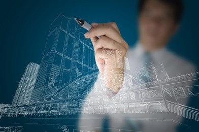 business man draw building and cityscape