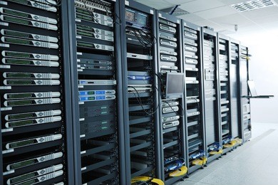 network server room with computers for digital tv ip communications and internet
