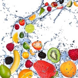 fresh fruits falling in water splash, isolated on white background