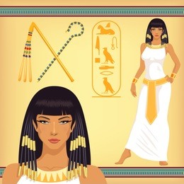 beautiful girl stylized into cleopatra, her name written in egyptian hieroglyphics and pharaoh symbols