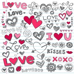 valentine's day love & hearts sketchy notebook doodles design elements on lined sketchbook paper background- vector illustration