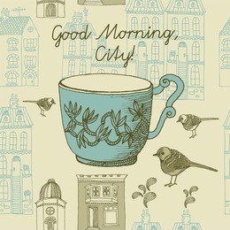  seamless pattern with cup of tea and birds