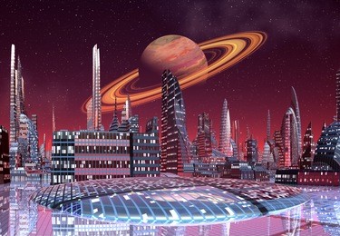 alien city, fantasy city skyline on an alien planet