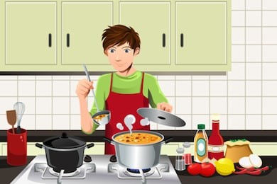 a vector illustration of a young man cooking in the kitchen