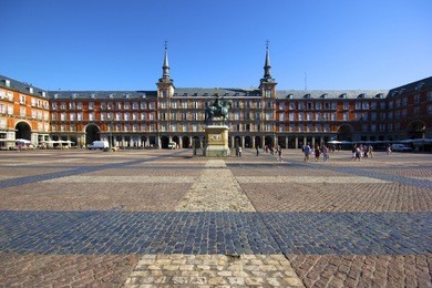 plaza mayor with statue of king philips iii in madrid, spain