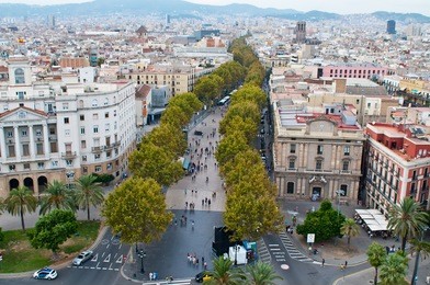 rambla street top view, barcelona, spain