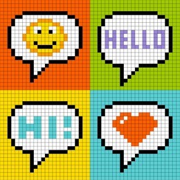 8-bit pixel social networking speech bubbles: smiley, hello, hi, love