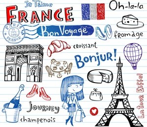 symbols of france as funky doodles