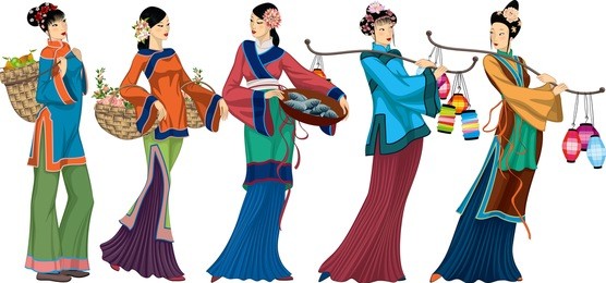 beautiful chinese sellers with goods over white background. each woman is grouped