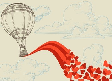 hot air balloon flying hearts romantic concept