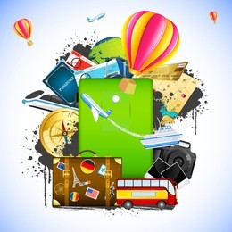 illustration of traveling element like bus,train,hot air balloon and ticket around baggage