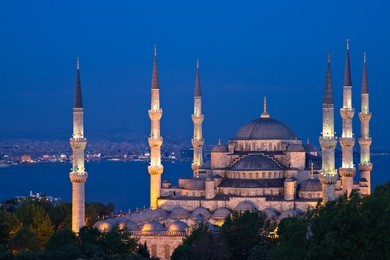 illuminated sultan ahmed mosque at the blue hour, istanbul, turkey