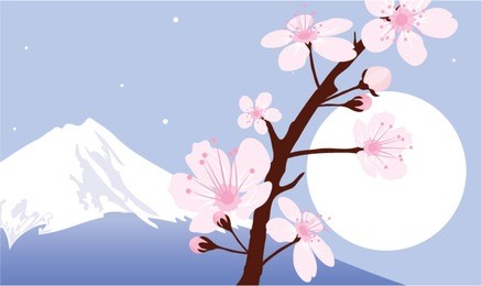 vector mount fuji, moon and branches of sakura (cherry)