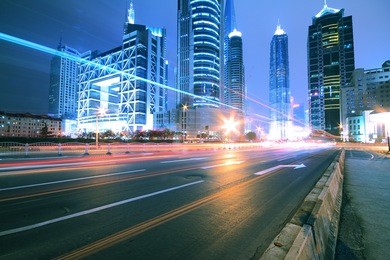 megacity highway at night dusk light trails in shanghai lujiazui china
