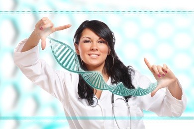 researcher or a medic holding up a dna strand. this could be also futuristic doctor using genetic engineering techniques known as recombinant dna technology.