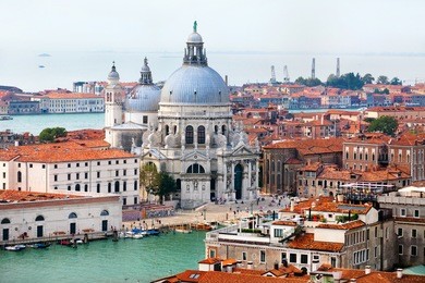aerial view of the basilica of santa maria della salute in center of venice, italy