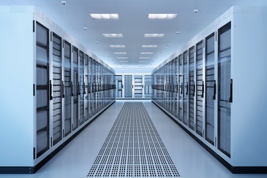 white server room network/communications server cluster in a server room. cg image.