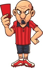 angry cartoon soccer referee pulling out a red card. vector illustration with simple gradients. all in a single layer.