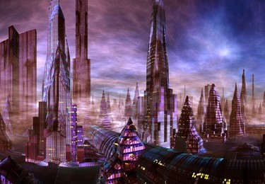 modern city on an alien planet