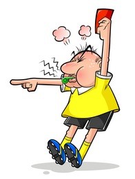 cartoon soccer referee pointing and holding a red card
