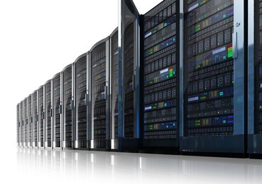 row of network servers in data center isolated on white reflective background