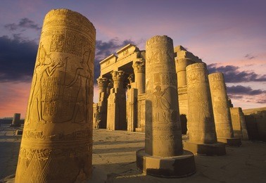 kom ombo temple at sunset on the nile in egypt