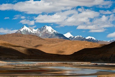  the snow-capped mountains at the riverside of the brahmaputra river