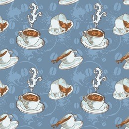 steam coffee cups seamless pattern on a circle background