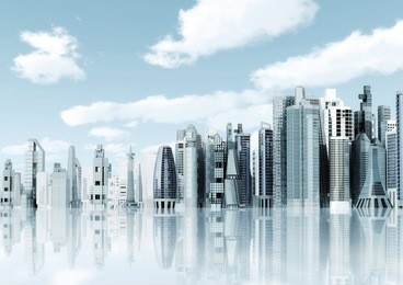 modern city background. illustrated with modern architectural commercial and office building with blue sky and futuristic design environment.