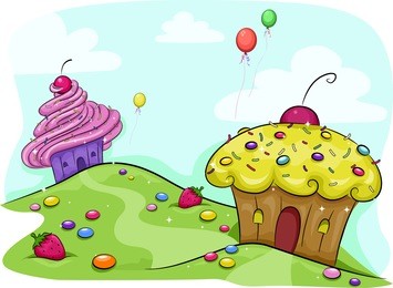 illustration featuring a land full of cupcakes and candies