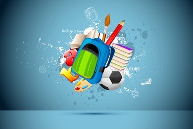 illustration of school bag,book,pencil and soccer ball on abstract background