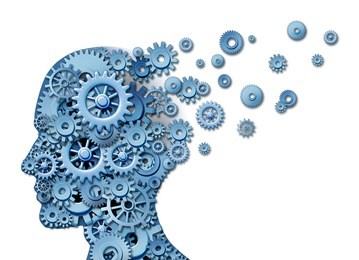 brain loss and losing memory and intelligence due to neurological trauma and head injury or alzheimer disease caused by aging with gears and cogs in the shape of a human thinking mind.