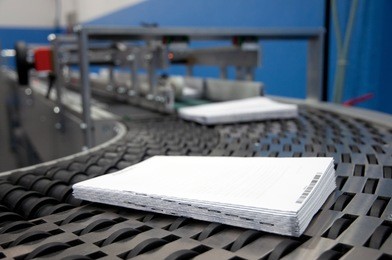 print shop (press printing) - finishing line. post press finishing line machine: cutting, trimming, paperback and binding