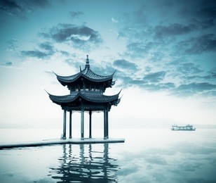 ancient pavilion on the west lake in hangzhou,china.