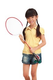 smiling little girl holding a badminton racket, isolated on white