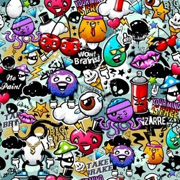 graffiti seamless texture with bizarre elements and characters.