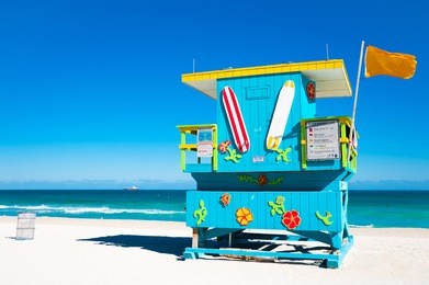blue lifeguard tower in south beach, miami beach, florida